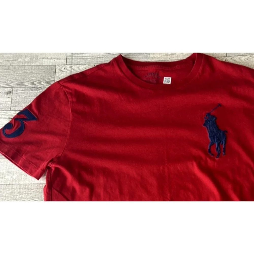 Polo Ralph Lauren Navy Blue Big Pony Number 3 Red T Shirt Mens Single Stitch SM